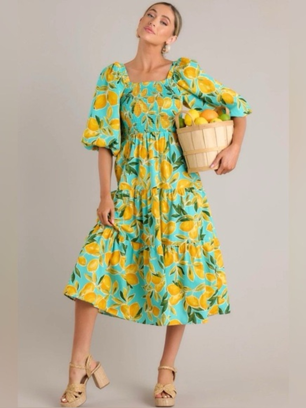 Avara Feeling Zesty Aqua Lemon Print Midi Dress